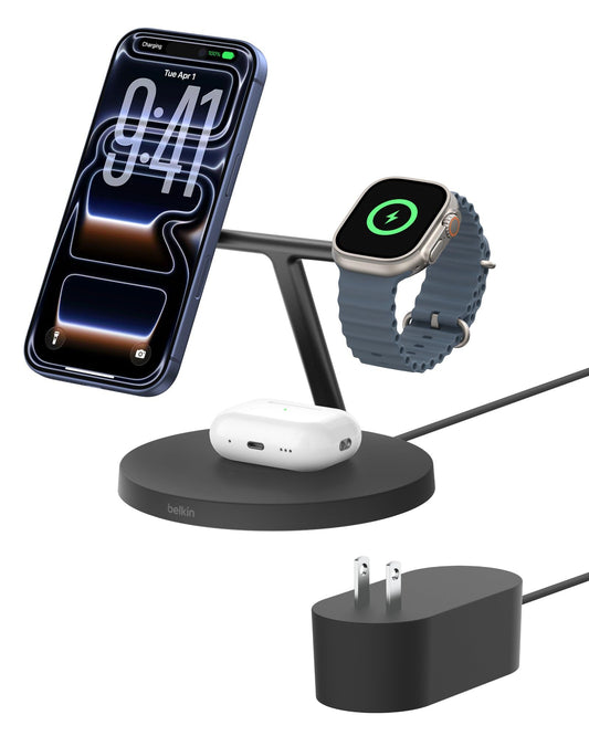 Belkin MagSafe-Compatible iPhone Charger, 3-in-1 Wireless Charging Station, Qi2-Certified 15W Wireless Charge for Apple iPhone 17 Series, Apple Watch, AirPods w/Non-Slip Base, 40W Included - Black