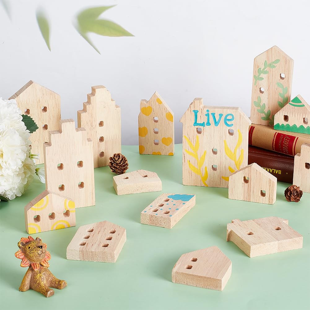 OLYCRAFT 15Pcs Unfinished Wooden House Shaped Blocks House Blank Wood Cutouts Wood Blocks with Hole Wooden Display Decoration Pieces for Home Kitchen Office Shelf Coffee Bar Decor -15 Styles