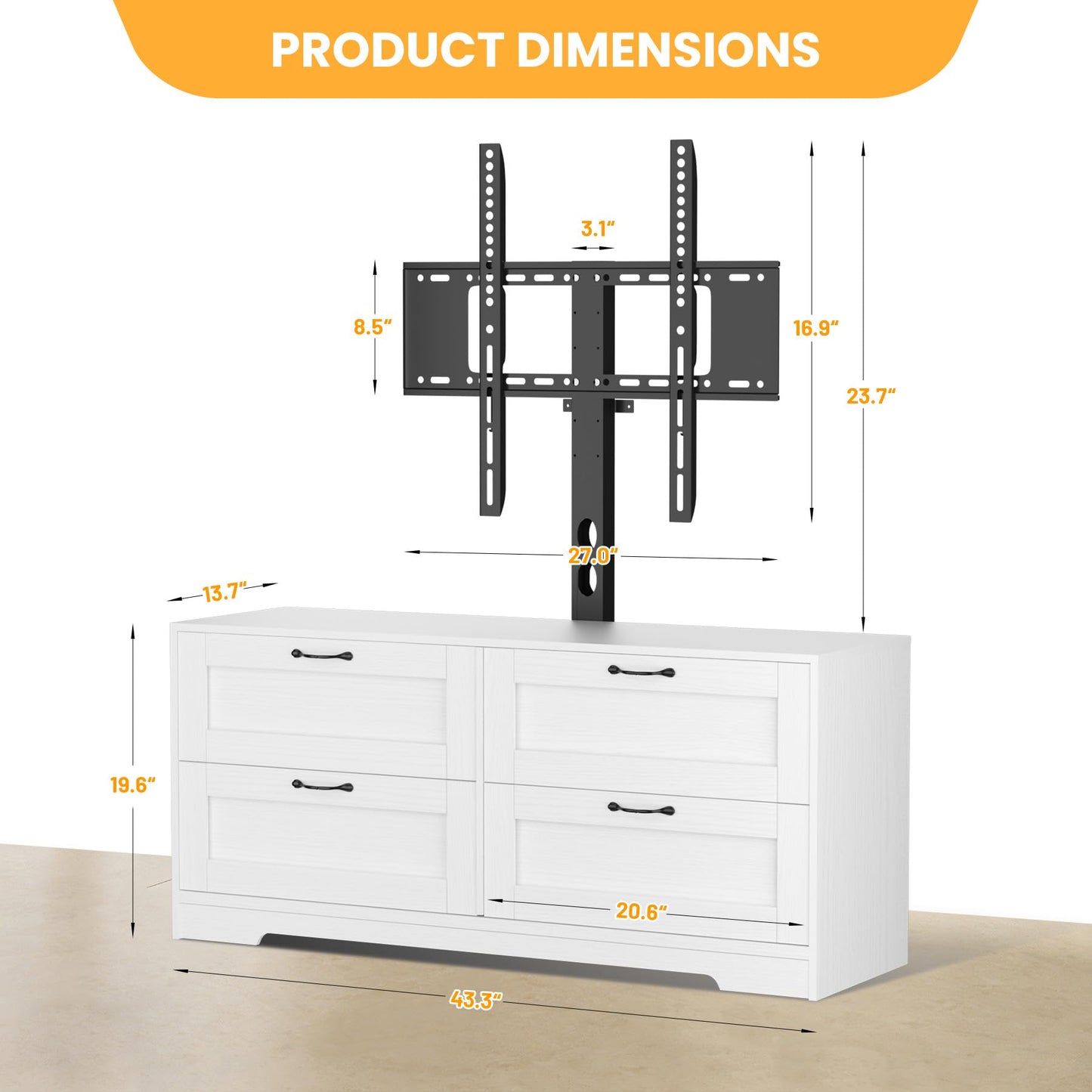 GAOMON TV Stand with Mount and 4 Drawers Storage for Living Room, Bedroom Fits 32/45/55/65/75/80 Inch TVs, Entertainment Center w/Height Adjustable Mount, Wood Media Console Tables, TV Stand Dresser