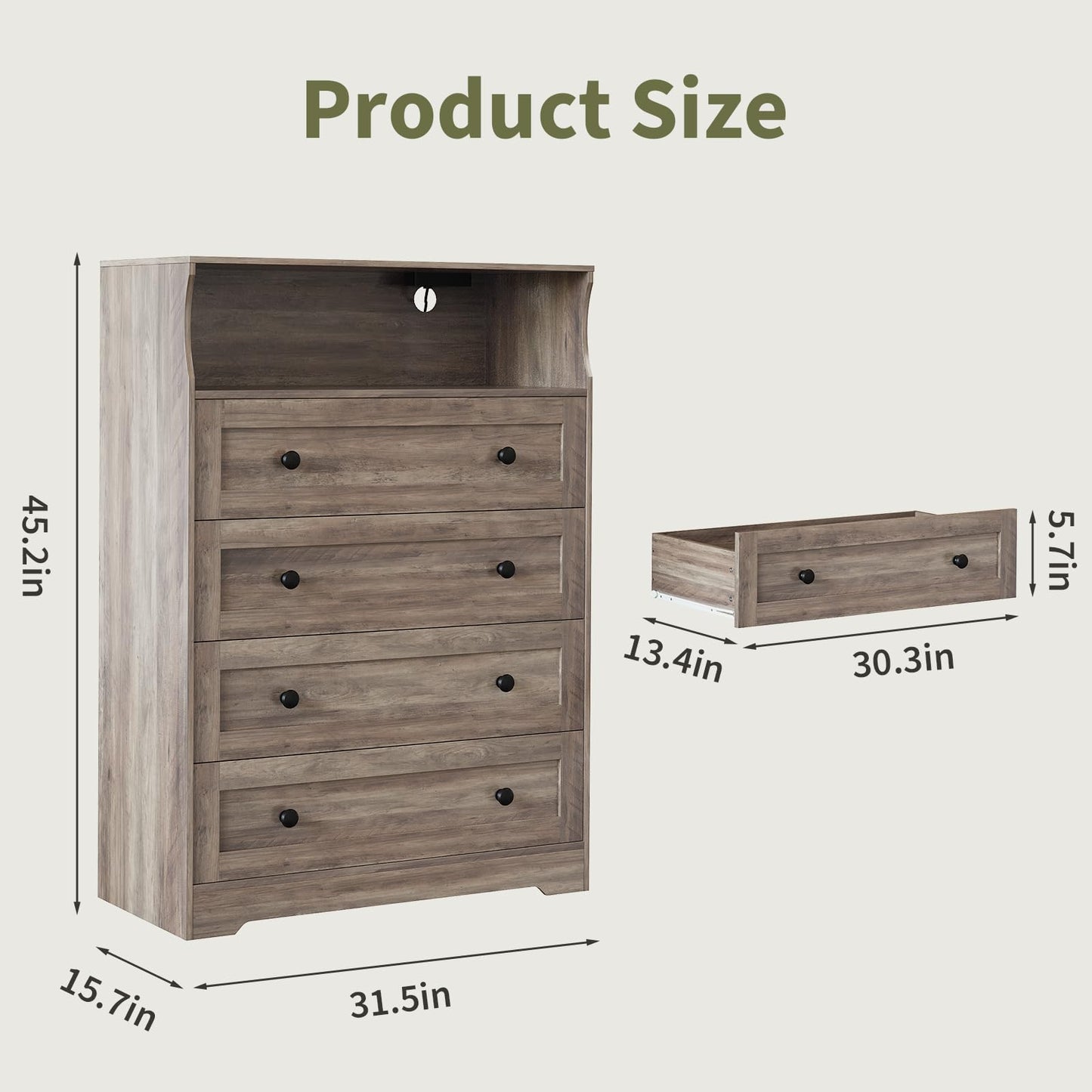 GarveeHome Tall Dressers with 4 Drawer Storage and LED Lights, Gray Wood Chest of Drawers with Charging Station for Bedroom, Living Room, Closet, Hallway, Wooden Nightstand Dresser for Bedside