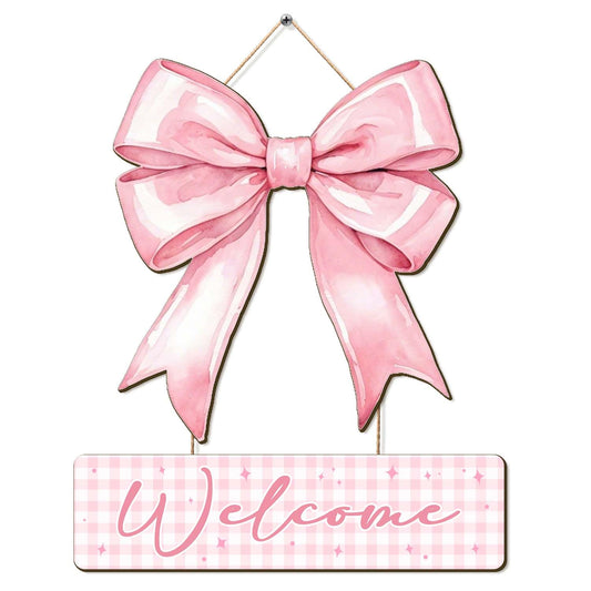 Pink Bow Gingham Wooden Welcome Hanging Sign,Coquette Room Pink Wall Decor,Bedroom and Dorm Door Decor Cute Preppy Bowknot Door Hanger for Girls Dorm Apartment Indoor Outdoor Porch Girly Wall Art