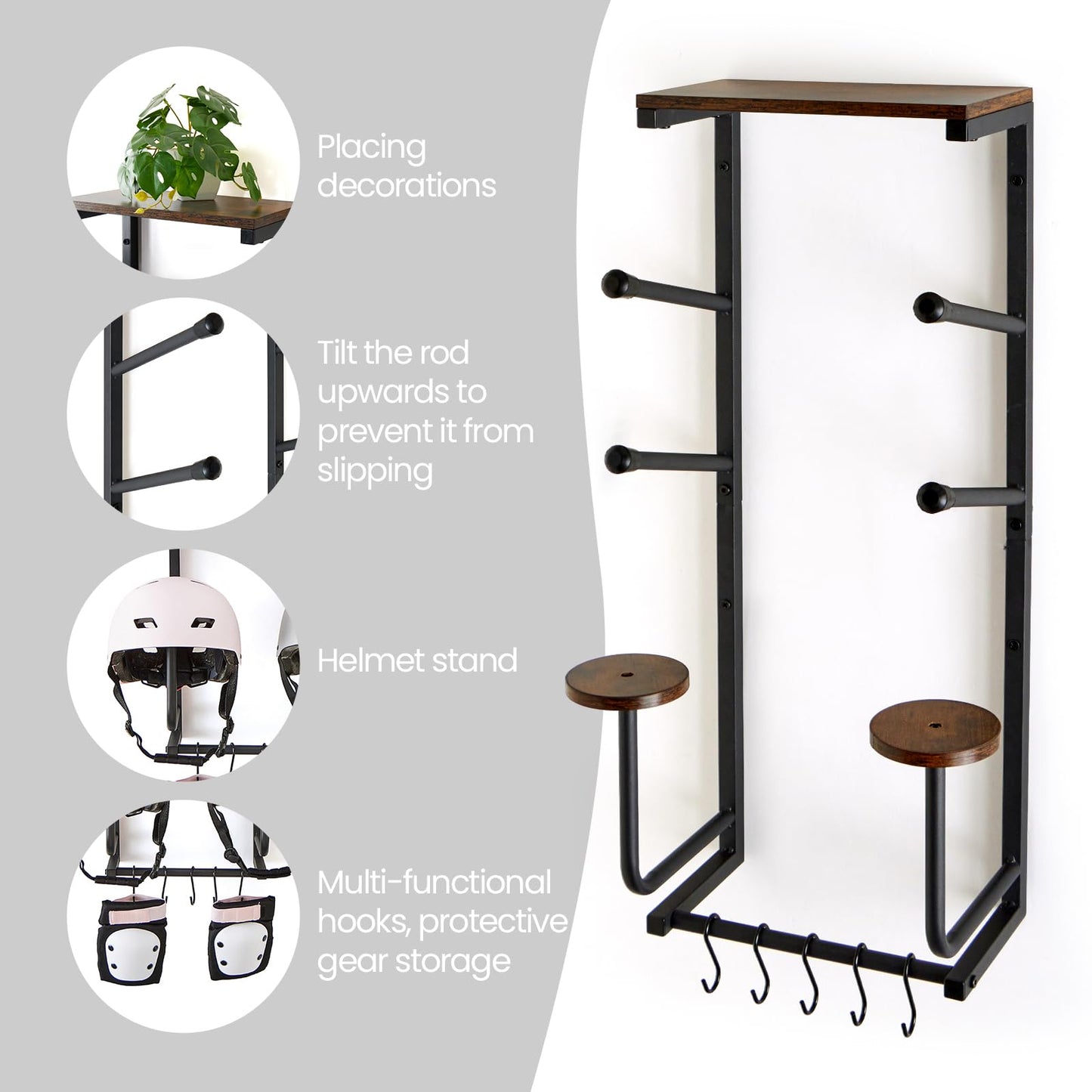 Skateboard Wall Mount Rack with Wood Shelf — 2-Board Display Hanger for Longboard & Skateboard Deck, 2 Round Wooden Helmet Holders & 5 Hooks, Steel & Wood, Home Bedroom Garage Organizer (Black)