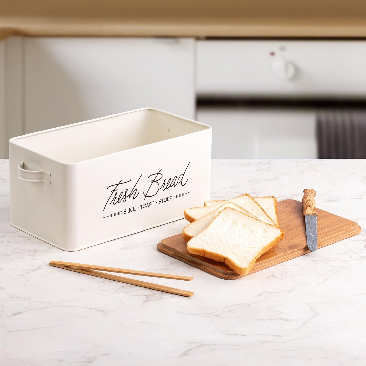 Talented Kitchen Countertop Bread Box - White Metal, Airtight Storage Container with Wood Cutting Board Lid & Side Handles - Wood Tongs Included - Bread Storage Container for Kitchen Organization