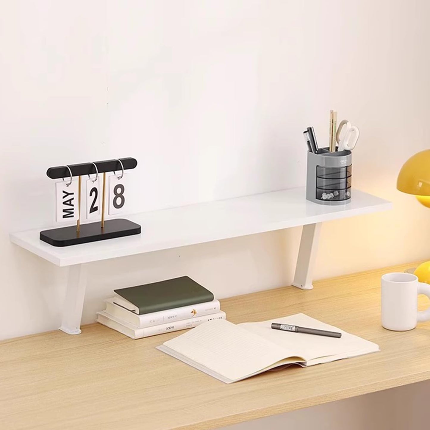 AWSAD Clamp on Desk Shelf, Desktop Extender Storage Organizer Adjustable Floating Desks Shelf for Office, Dorm, Home Desk Organization, White (23.6 x 7.8 in)