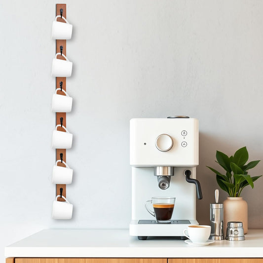 Scandinavian Style Solid Beech Hardwood Mug Rack - 6-Hook Wall-Mounted Coffee Cup Holder, Space-Saving Organizer for Kitchen/Coffee Bar/Room, Perfect Storage for Cups/Hats/Bags(Brown)