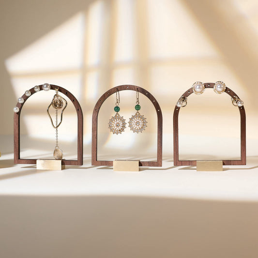 GemeShou 3pcs Wooden stud earring organizer holder, walnut earring hangers with brass base, Small Cute earring display for selling with 9 holes for each【Arch frame-3pcs】