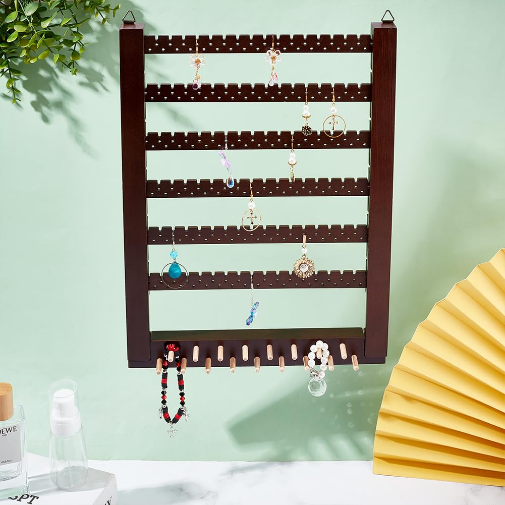 PH PandaHall Wall-Mounted Wooden Jewelry Rack, Wood Hanging Earring Holder Organizer Earring Studs Display Rack for 155 Pairs Earrings Stud Earring Home Boutique Jewelry Storage, Coconut Brown