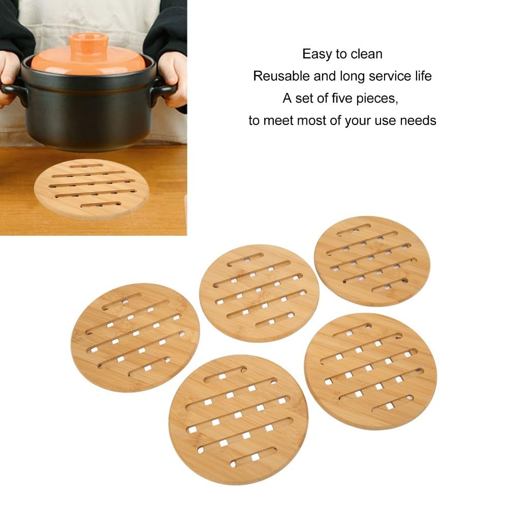 Anu Limen 5 Pcs Wooden Trivet Set - Heat Proof Hot Pads for Pots and Bowls, Non-Slip Insulation Mats for Kitchen Table Protection(Round)