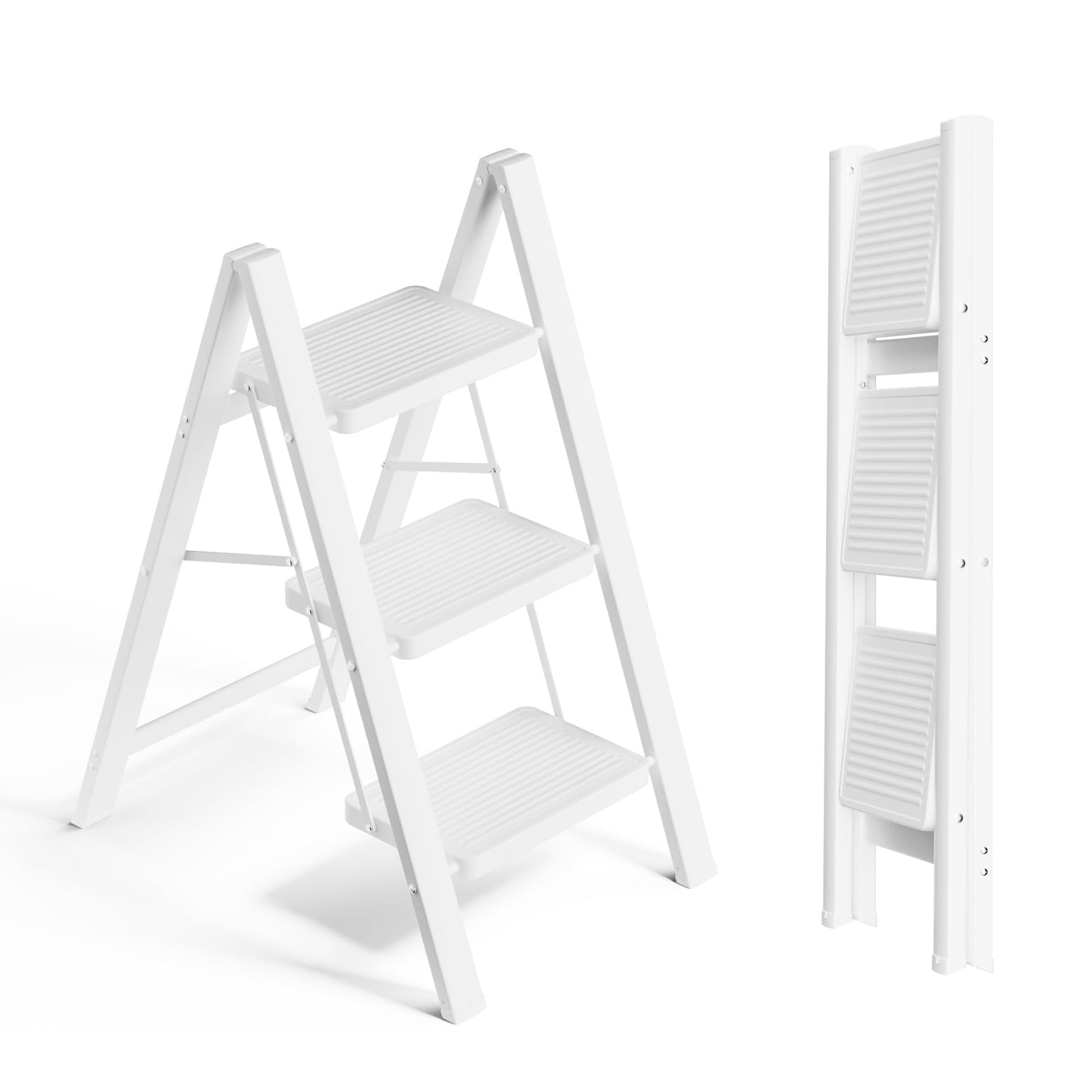 SOLADDER Step Ladder 3 Step Folding, Small Step Stool for Adults, Portable Anti-Slip Iron Stepladder with Wide Pedals for Home and Kitchen Use, Space Saving - White (300 lbs)
