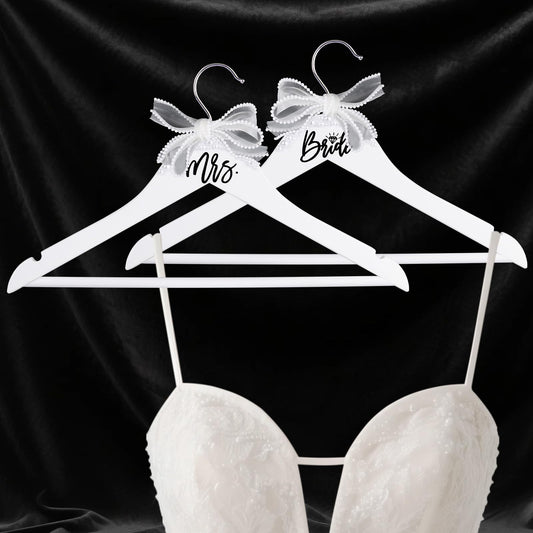 NINTHFIT Bride Hanger for Wedding Dress Wooden Pearl Hangers with Pearl Ribbon Bow Elegant Bridal Mrs Wedding Dress Hanger, 2PCS Personalized Wedding Hangers (White)