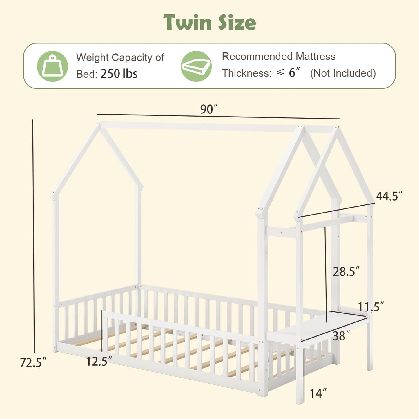 Giantex Twin House Floor Bed, Solid Wood Montessori Bed with Detachable Storage Shelf, Clothes Hanger & Guardrails, Twin Beds for Kids Teens, Girls & Boys