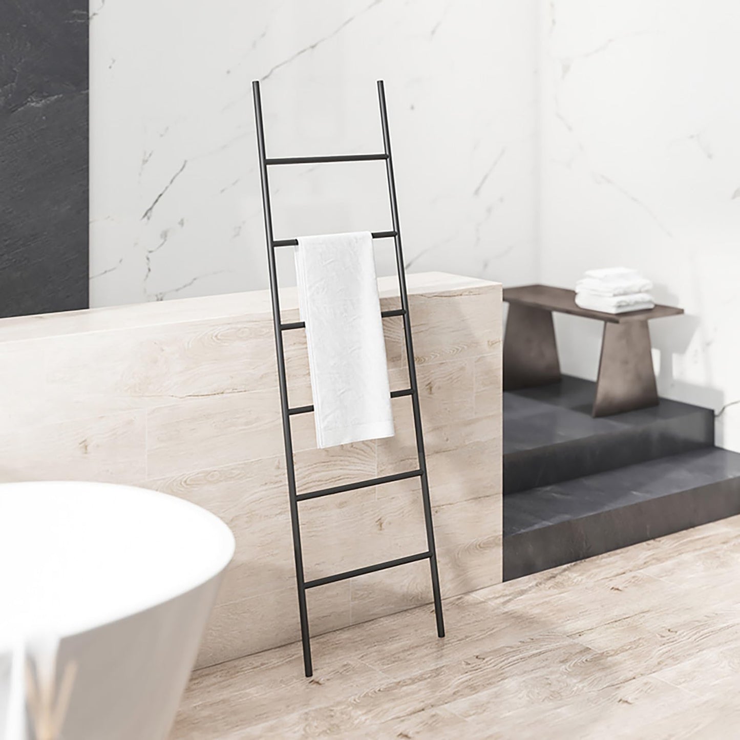 Metal Towel Ladder, Free Standing Wooden Towel Rack for Bathroom, Wall Leaning Blanket Holder, Multi-Tier Bath Towel Stand