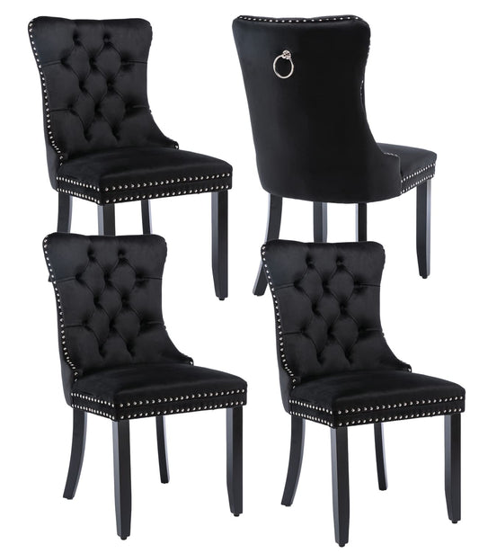 Shenyon Black Velvet Dining Chairs Set of 4, Upholstered Dining Room Chairs with Back Ring Pull Trim and Solid Wood Legs,Modern Dining Chairs Perfect for Dining Room,Living Room,Kitchen(Black)