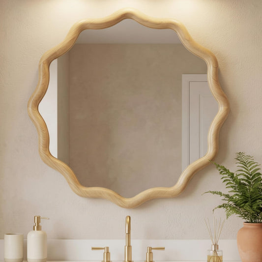 Vercraft 24 Inch Scalloped Wooden Bathroom Round Circle Mirror for Wall, Boho Wavy with Tempered Glass, Natural Frame Hanging for Bedroom, Living Room, Entryway, Farmhouse (Natural Wood Color)