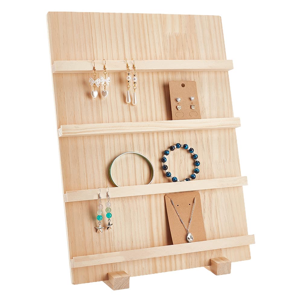 PH PandaHall 4-Tier Wooden Earring Display Stand, Retail Jewelry Display Riser Removable Showcase with Slots Rustic Earring Display Card Holder for Selling Craft Showing Exhibition Jewelry Storage
