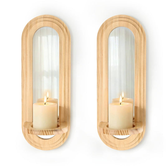 Capesaro Wood Wall Sconce Candle Holder with Mirror - Set of 2 Wooden Candle Holders,Farmhouse Hanging Wall Décor，Vintage Rustic Wall Mounted Mirror Sconce for Living Room, Fireplace