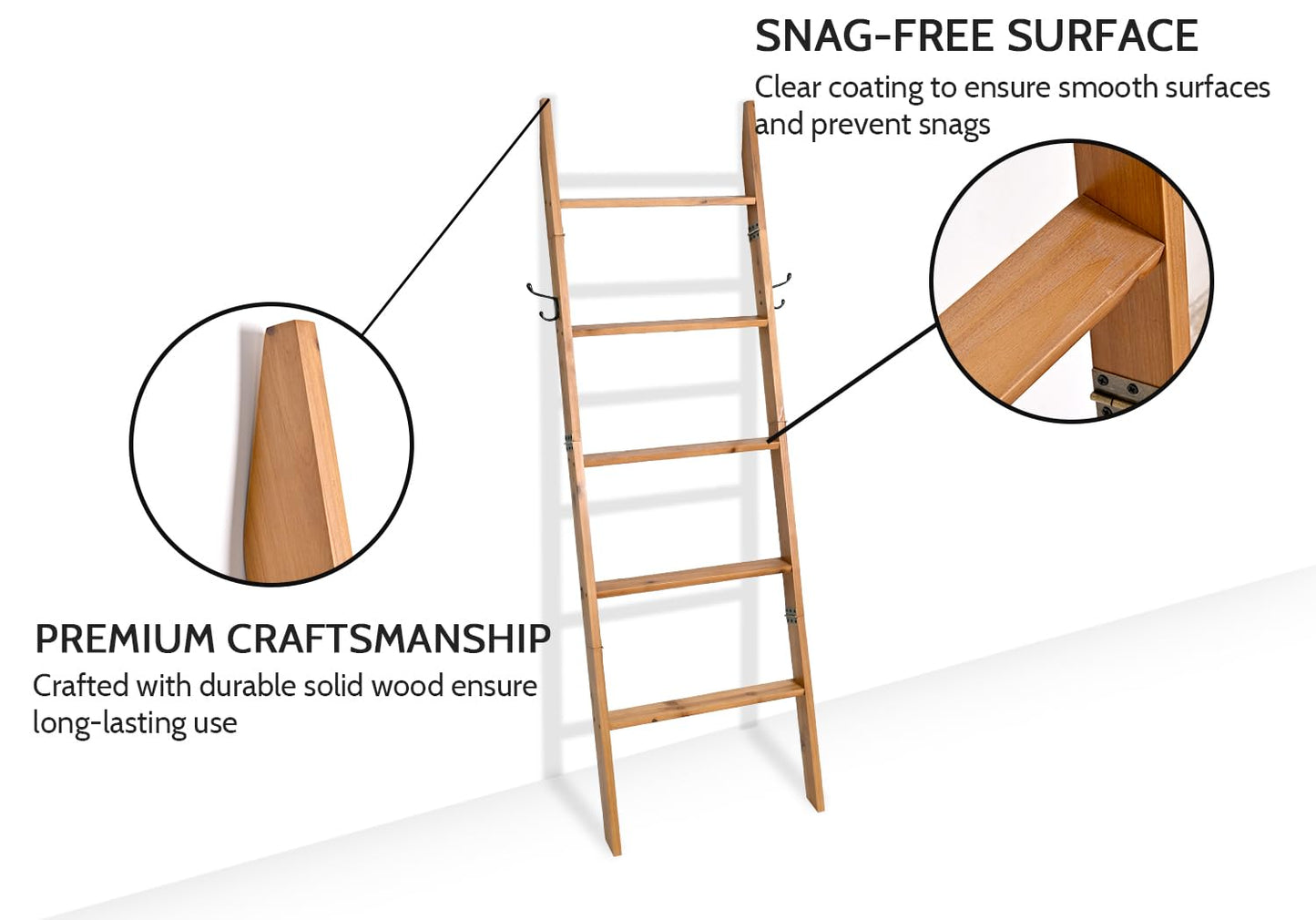 FUIN 58in Blanket Ladder, Wood Towel Ladder, Rustic Decorative Ladder for Blankets, Farmhouse Wooden Quilt Rack for Living Room & Bathroom