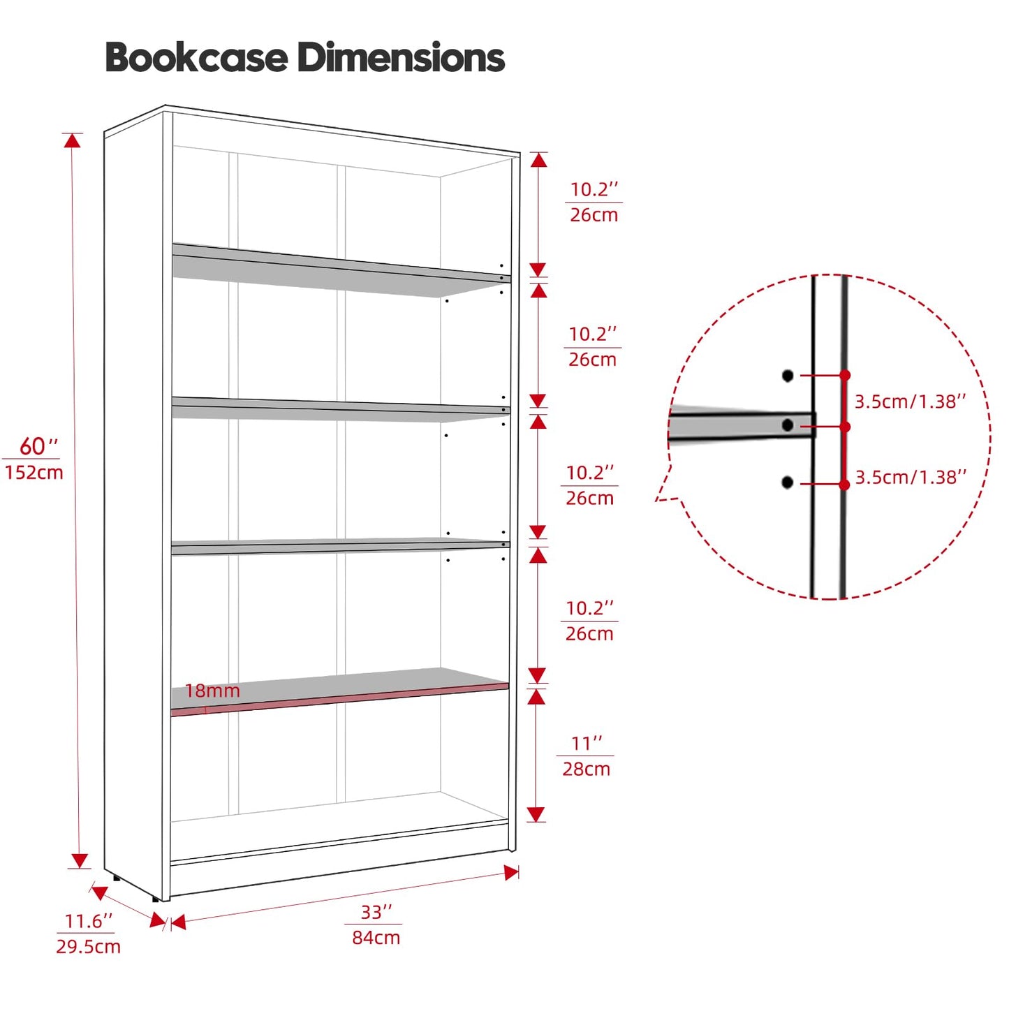 i-VTIES Bookcase Adjustable Storage Shelves,5-Tier Modern Wood Bookcase for Bedroom,60-Inch Bookshelf, Office, Living Room & Library(Mahogany)