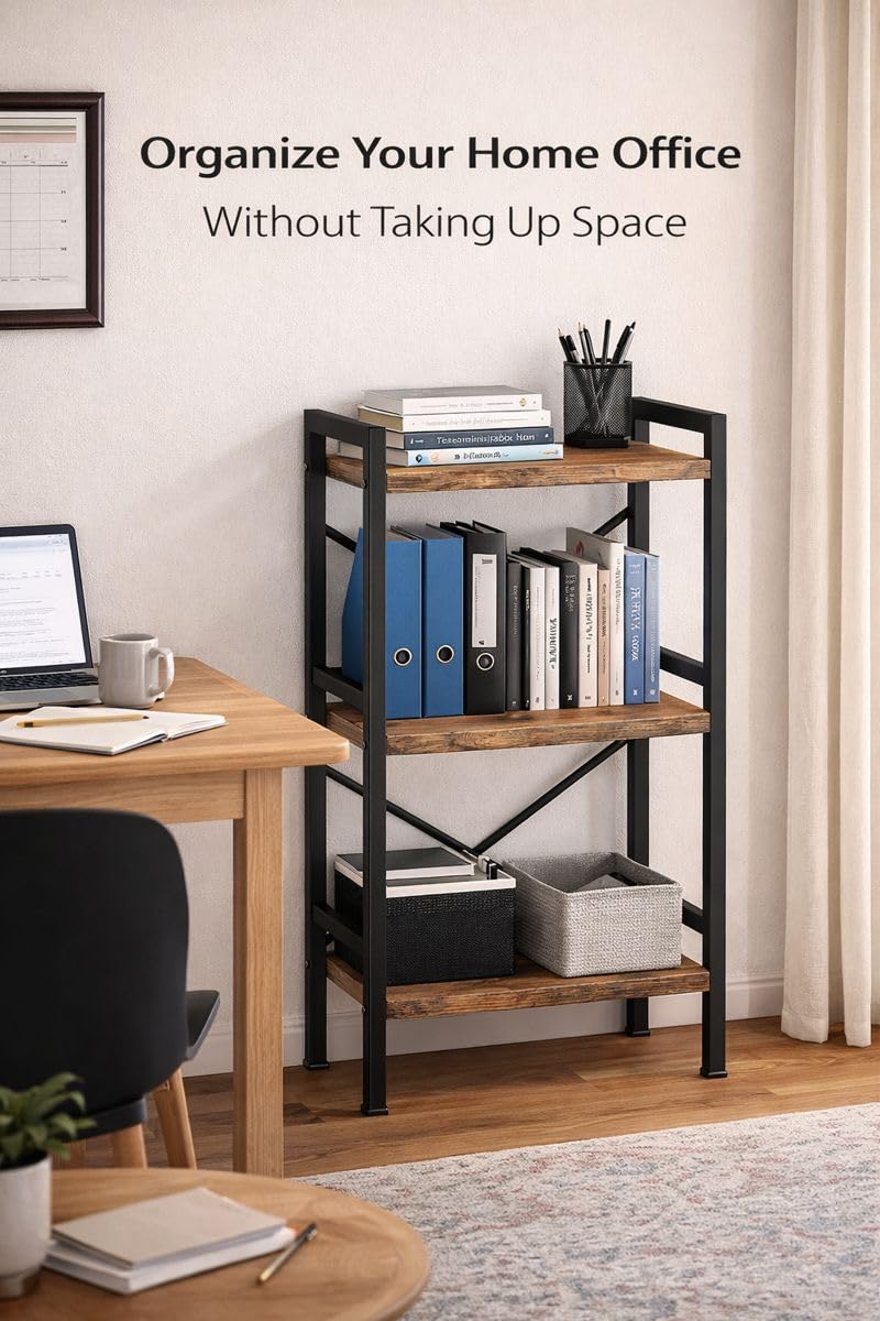 Orchidleaf Small Bookshelf for Small Spaces, 3-Tier Industrial Bookcase with Metal Frame and Wood Shelves, Narrow Storage Shelf for Living Room, Bedroom, Apartment