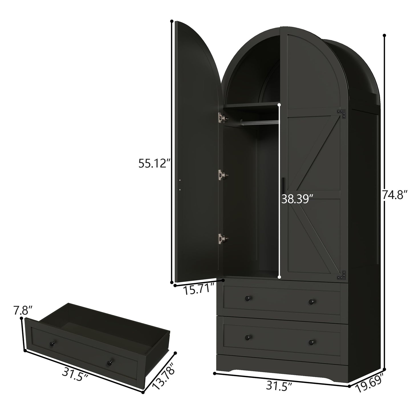 Black Armoire Wardrobe Closet,Wooden Wardrobe with 2 Doors and 2 Drawers,Bedroom Freestanding Armoire Storage Cabinet with Hanging Rack,Wardrobe Storage with with Hanging Rod for Bedroom, Cloak Room