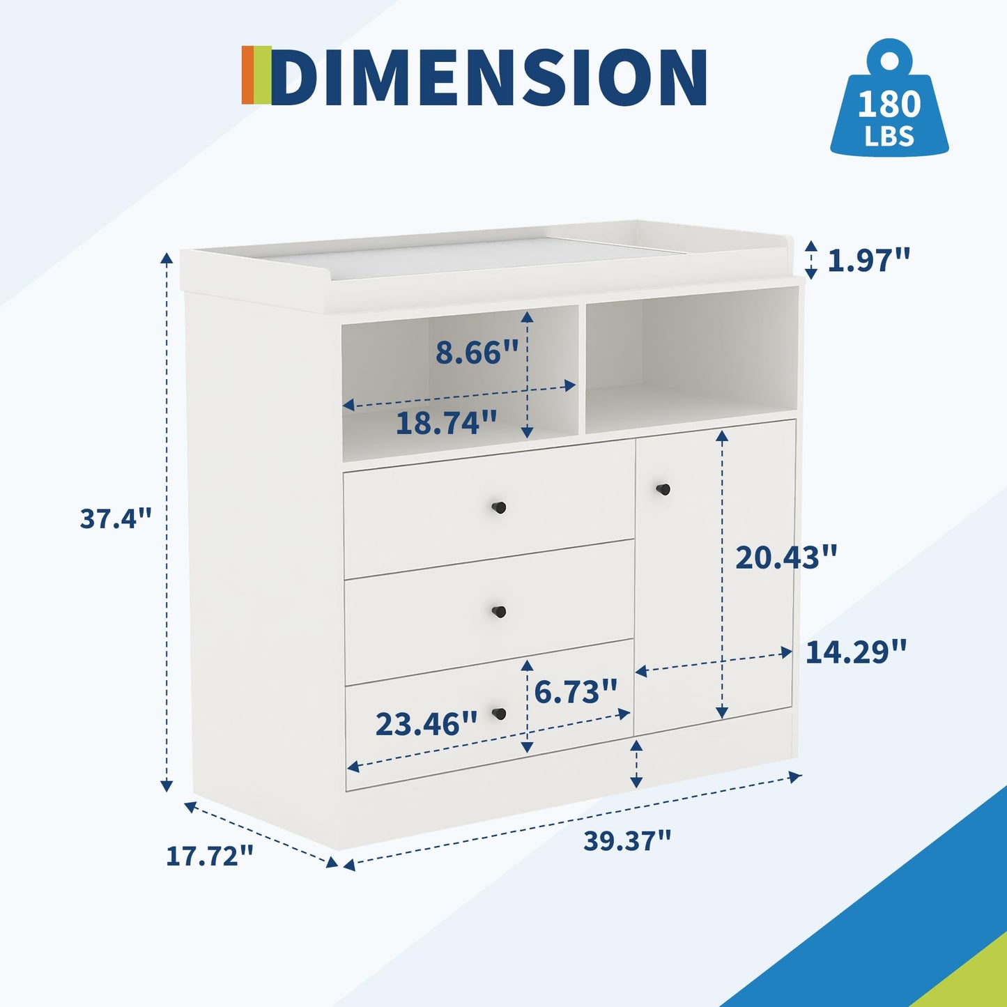 Baby Changing Table Dresser, Wooden Diaper Changing Station with 2 Open Shelves, 3 Drawers, and 1 Cabinet, Modern Baby Dressers for Nursery, Bedroom, Kids Room, White