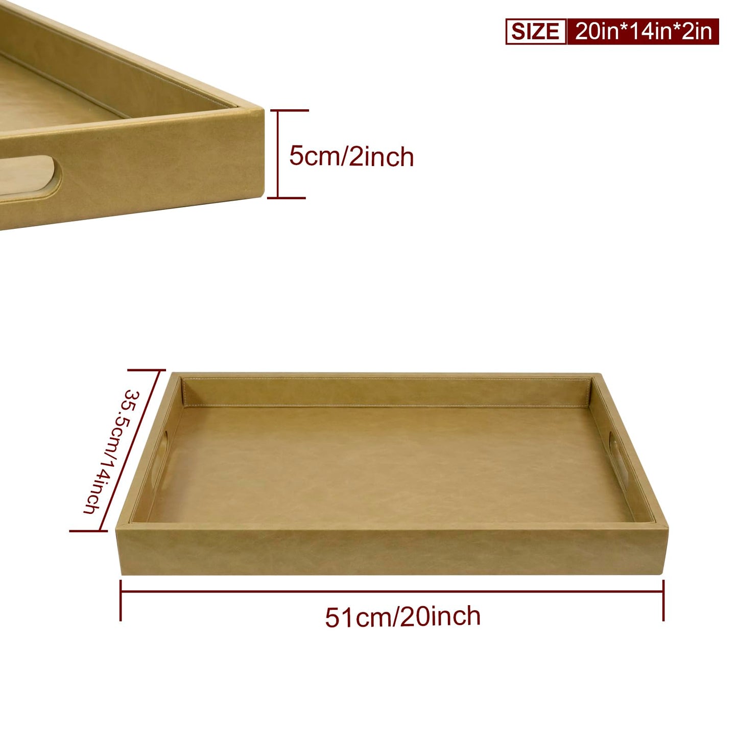 LNFUMS 20 x 14 inches Leather Rectangle Serving Tray with Hole Handles,High-End Light Large Service Tray for Ottoman Tray, Tea, Food, Butler - Countertop, Kitchen,Family Dinner, Picnic (Brown)