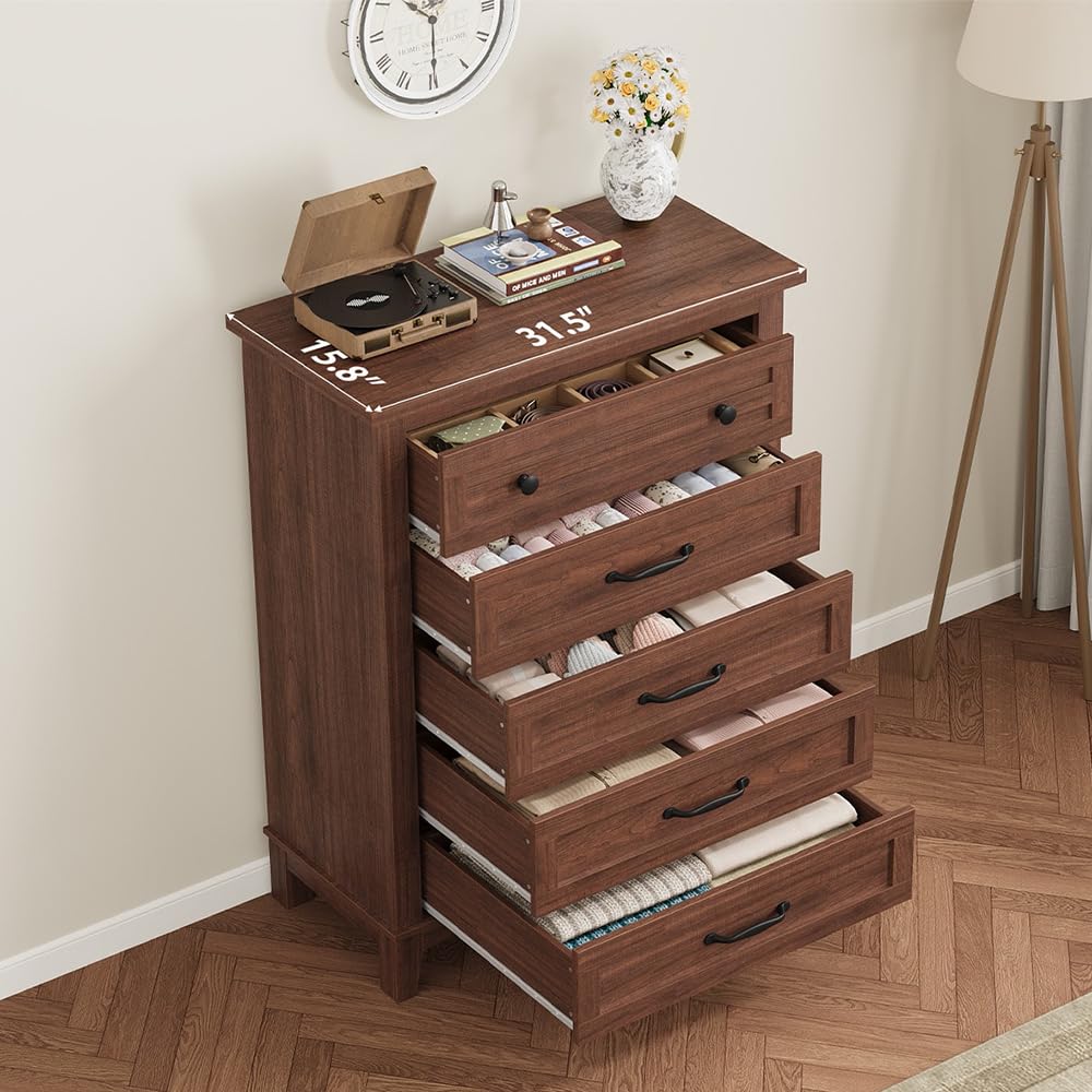 GarveeHome 5 Dresser for Bedroom, 41.3 in Tall Vertical Drawer Dresser with Large Storage, Freestanding Wooden Closet Chest for Bedroom, Living Room, Walnut