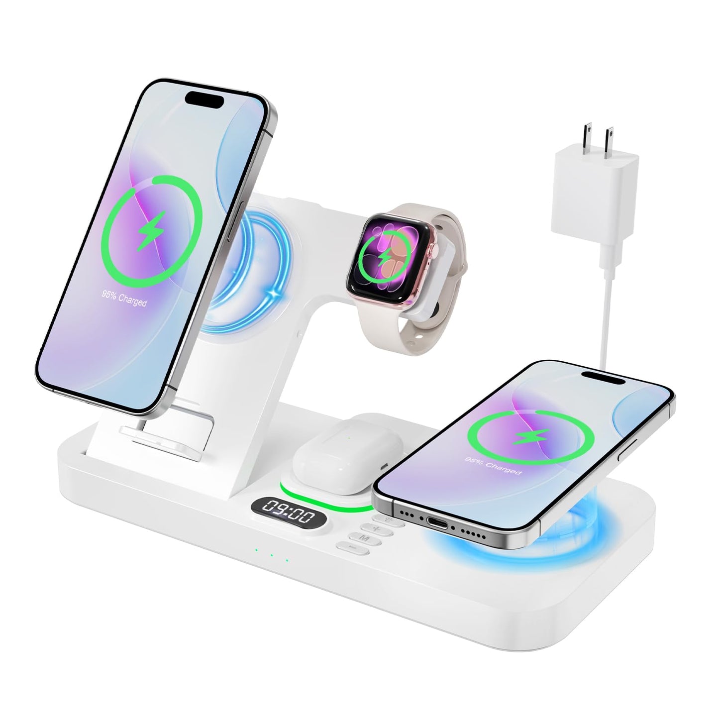 Dual Phone Magnetic Wireless Charging Station for Apple Devices/Apple Ecosystem,with Auto-Switch 7-Color Light & Clock, Compatible with iPhone 17/16/15, for iWatch 11/10/9 & AirPods Pro3（Cream
