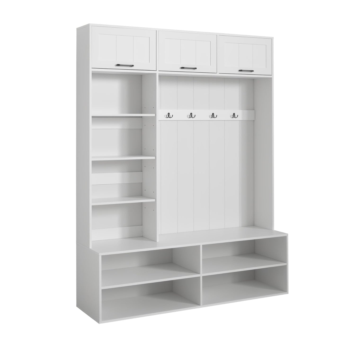 5-in-1 Hall Tree with Bench, Entryway Storage Organizer Cabinet, White