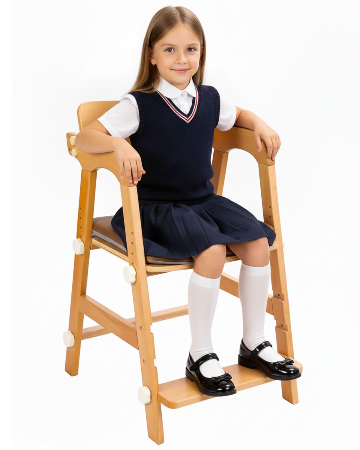Wooden High Chair for Teens with Adjustable Seat, Backrest & Footrest