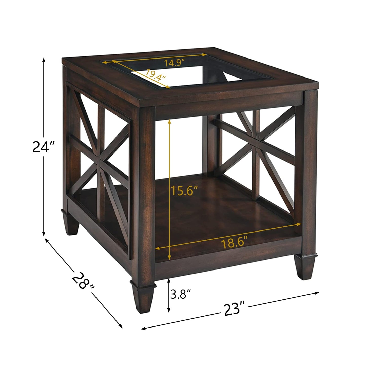 BAXMUY Solid Wood End Table with Tempered Glass Top, 28" x 24" Large Farmhouse Side Table for Living Room, Bedroom & Office, Vintage Walnut