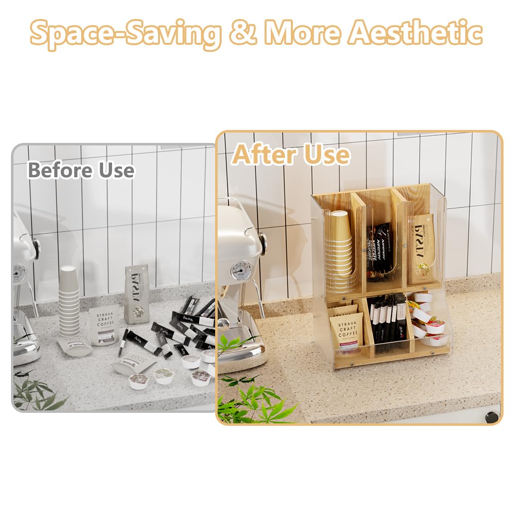BYCY Coffee Bar Organizer for Countertop,Wooden Shelf for Tea Station with acrylic boards,Coffee Cup and Lid Organizer Coffee Pod Holder Accessories Storage for Office, Home