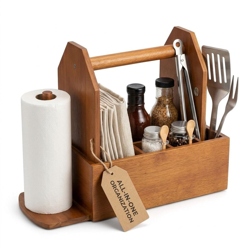 Grill Caddy for Outdoor Grill with Paper Towel Holder, Wooden BBQ Organizer for Utensils, Plates, Condiments and Silverware Rustic Picnic Table Caddy for Camping, Backyard Cooking and BBQ Accessories
