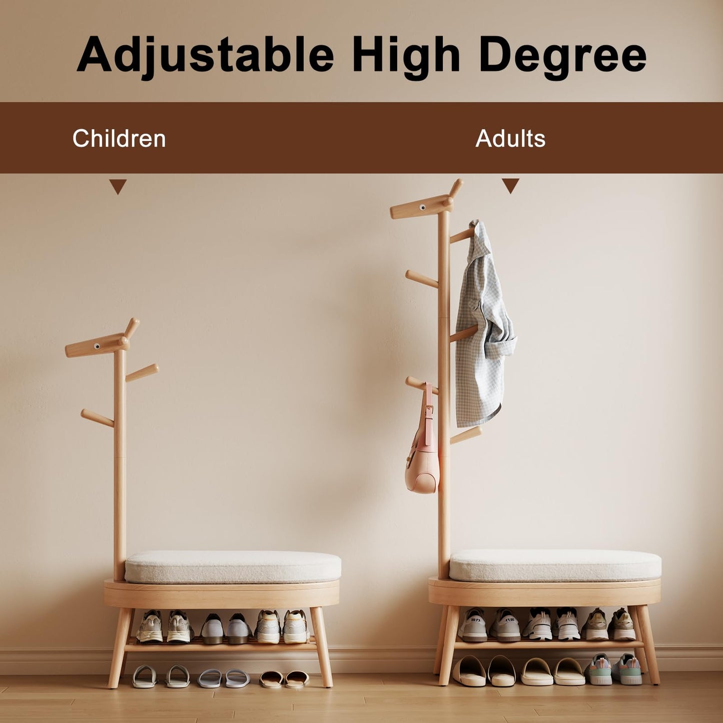 AQIMUELE Entryway Shoe Rack with Coat Rack, Wooden Shoe Bench with Upholstered Cushion, 3-in-1, 2-Tier Shoe Storage and Cute Animal Hooks for Entryway, Hallway, Closet (Natural 32.2")