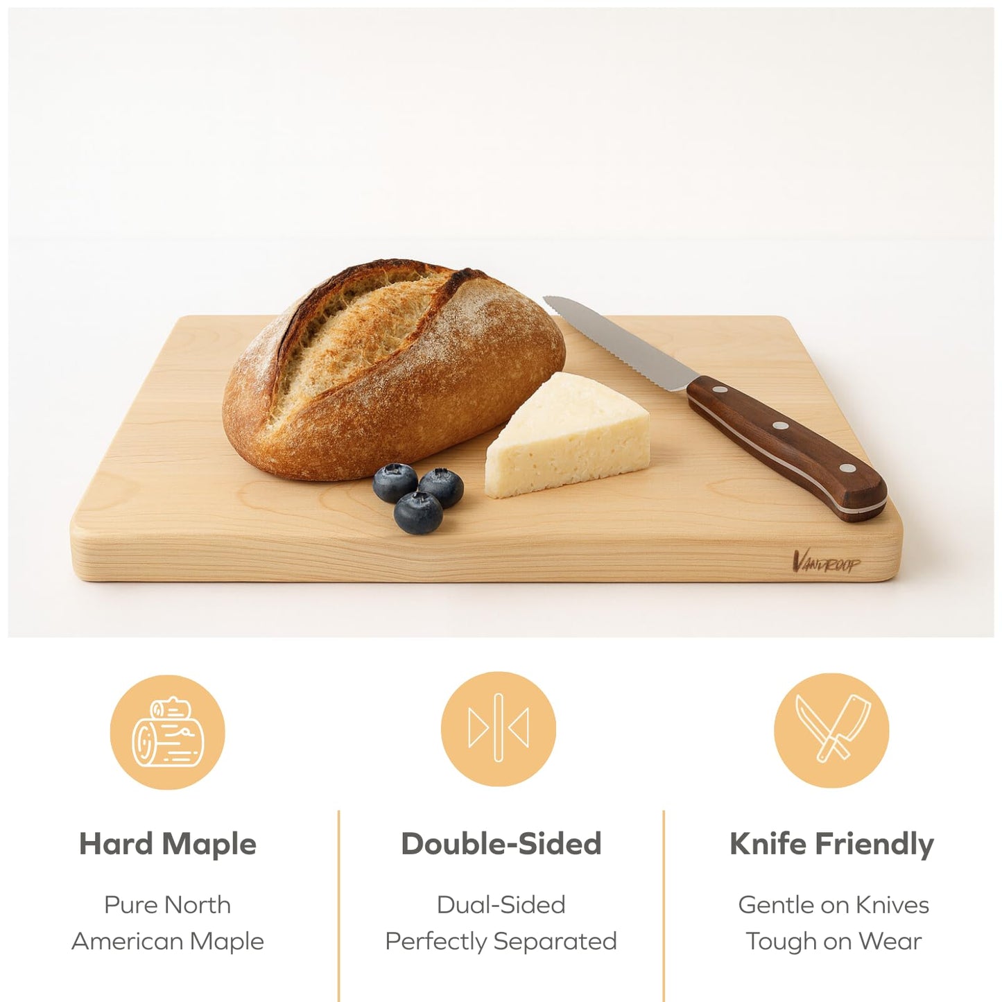 Vandroop Hard Maple Cutting Board for Kitchen 16”X10” – 1.1” Thick, Reversible Wood Cutting Boards with Invisible Inner Handle, Eased Corners, Wooden Chopping Board