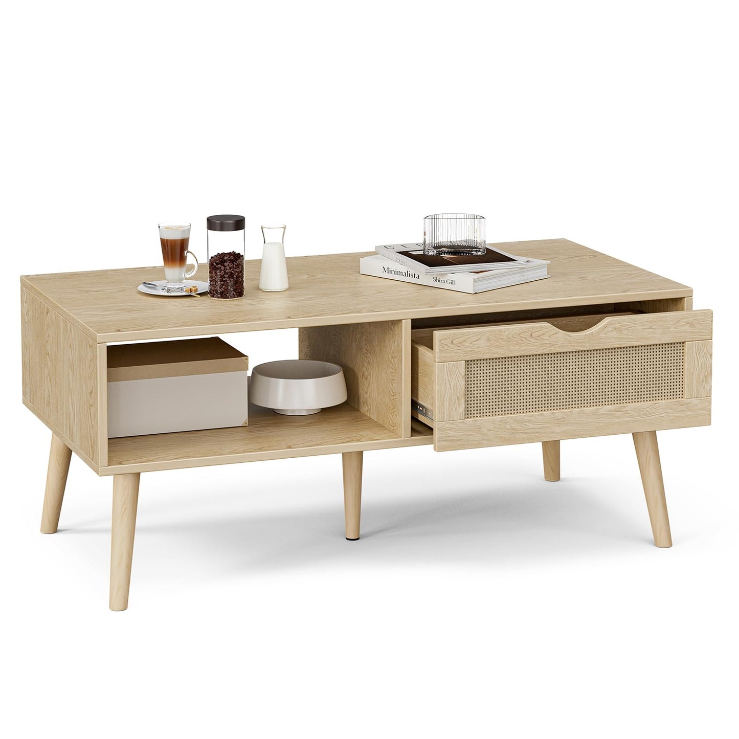 ZttRiee Rattan Coffee Table with Drawer, Boho, Natural