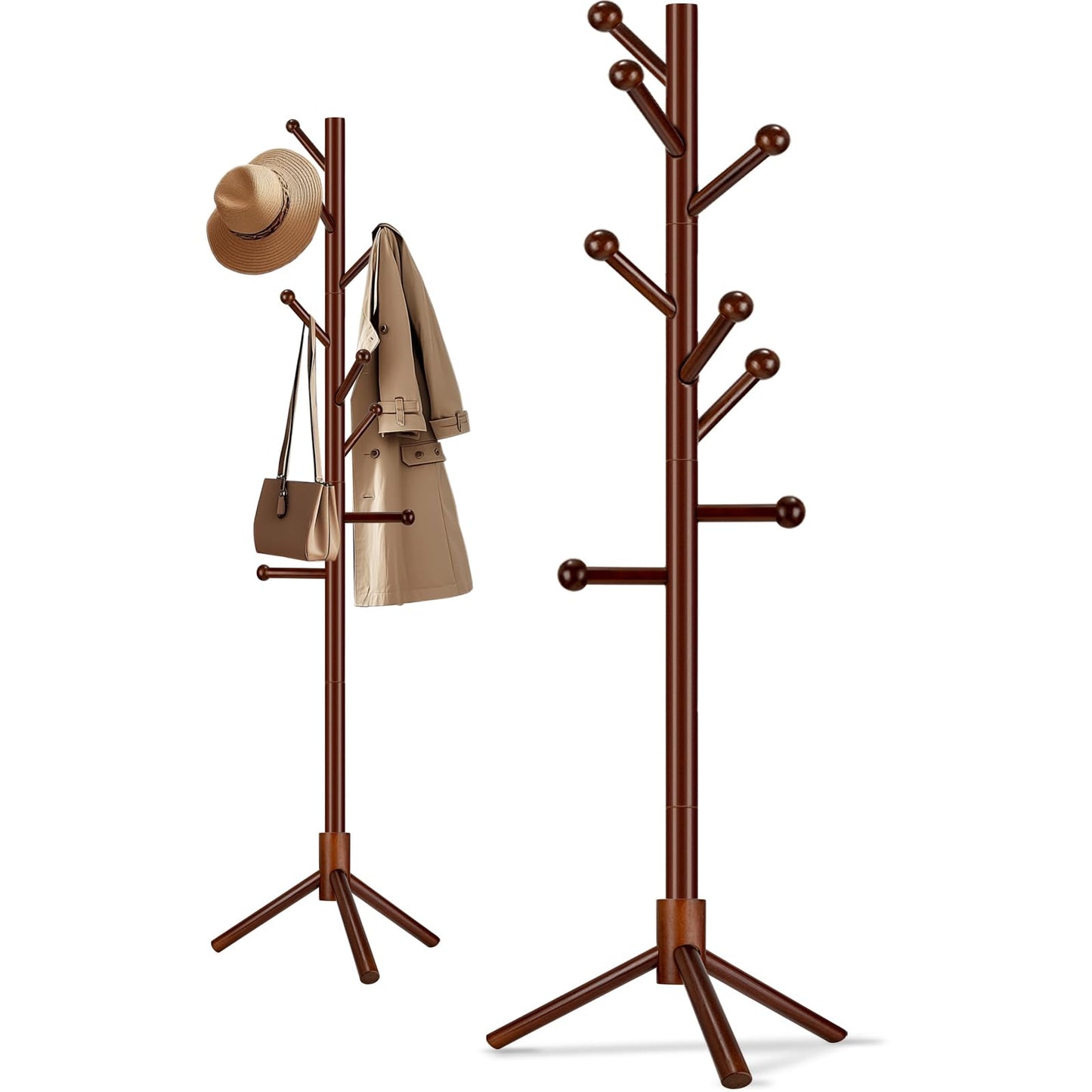 Arborus Wooden Coat Rack Freestanding, Adjustable Height Solid Wood Clothes Stand with 8 Ball-End Hooks, Stable Tripod Base, 5.7FT Floor Coat Tree for Entryway Bedroom Office, Brown