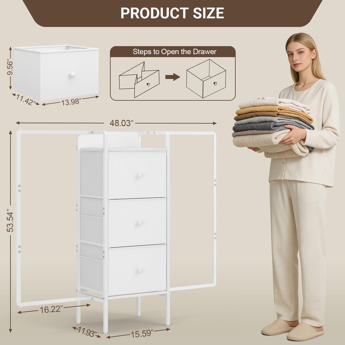 3IngSeagulls Kids Dressers for Bedroom with 2 Hanging Racks, Small Dresser for Bedroom with 3 Drawers, 53'H Faric Chest of Drawers with Clothes Rack, Small White Dresser for Kids with Wooden Top