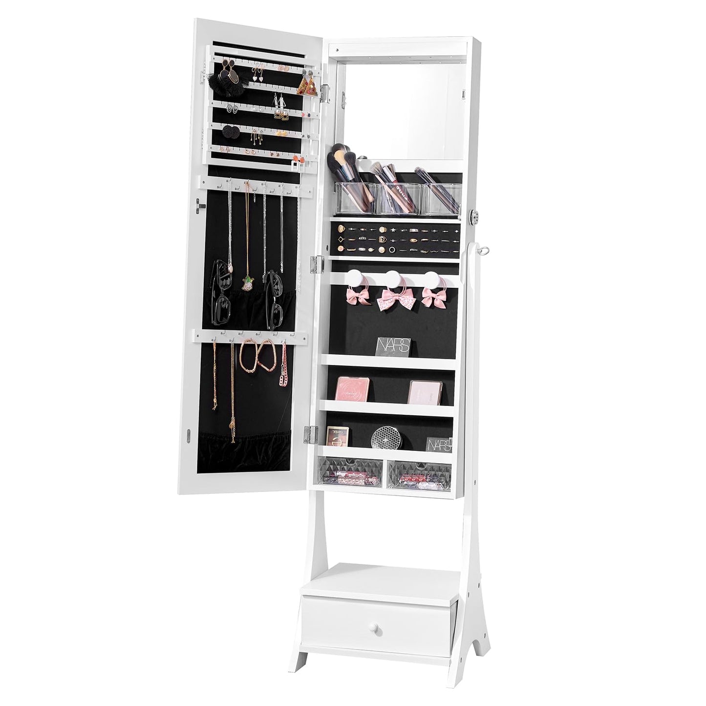 VEVOR Jewelry Cabinet Armoire, 62-Inch Tall Lockable Jewelry Organizer with Full-Length Mirror, LED Light, Velvet Lining, Drawer, Freestanding, White