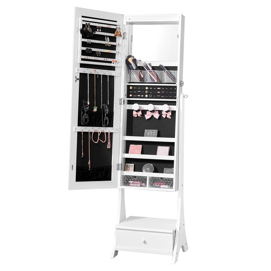 VEVOR Jewelry Cabinet Armoire, 62-Inch Tall Lockable Jewelry Organizer with Full-Length Mirror, LED Light, Velvet Lining, Drawer, Freestanding, White