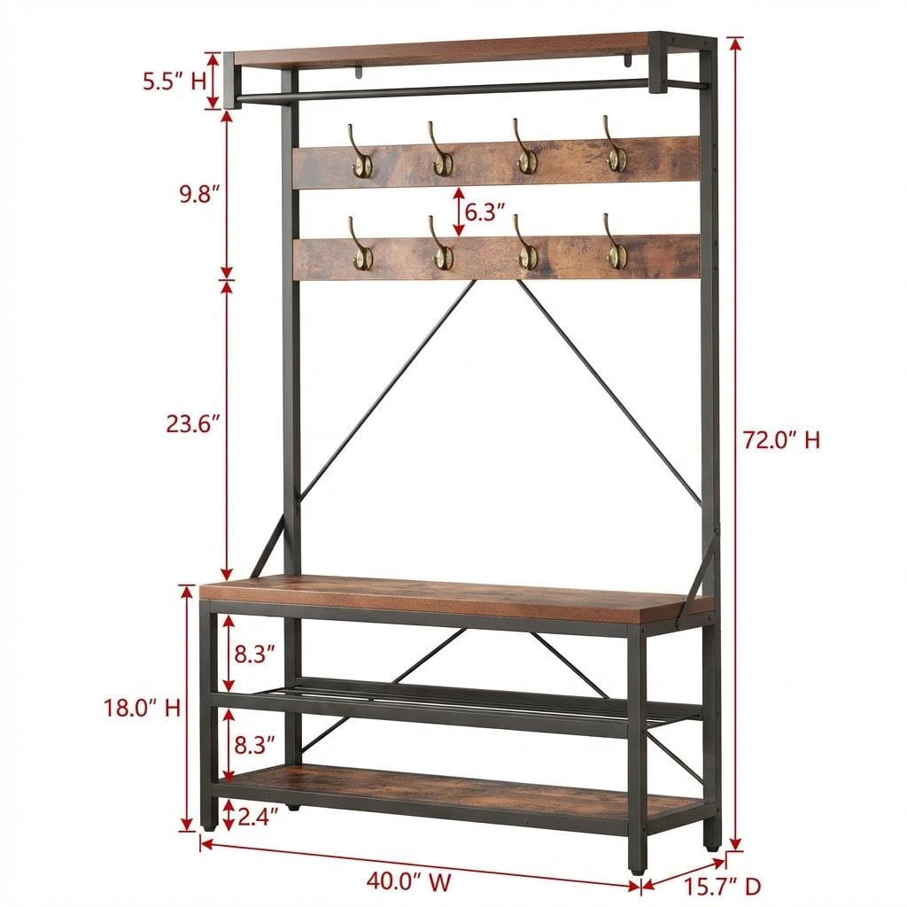 Tedyle 72" Industrial Hall Tree Entryway Bench, Wooden Coat Rack Shoe Bench with Shoe Rack & Storage Shelf, 8 Hooks & Hanging Bar, Entryway Organizer for Foyer, Mudroom, Rustic Brown