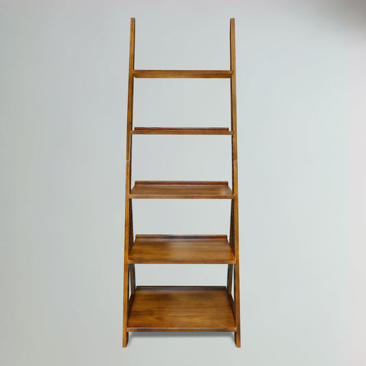 Amber Solid Wood 5-Shelf Freestanding A-Frame Ladder Bookcase, Warm Brown