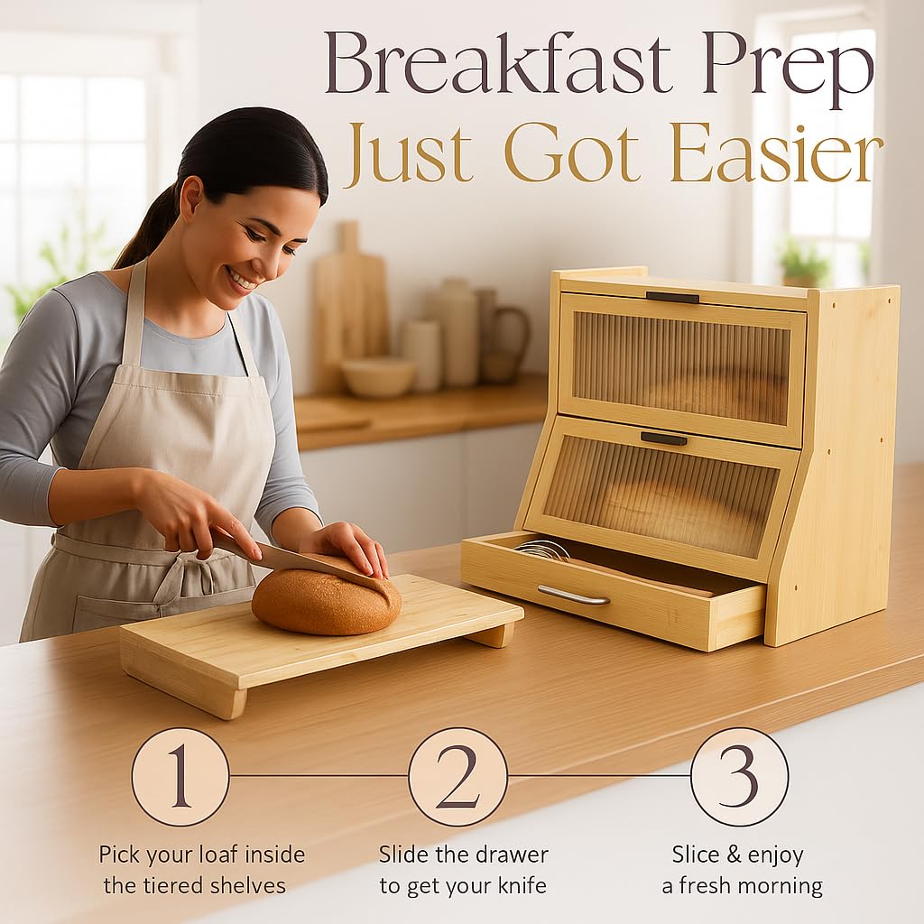 HOMIQ Bread Box for Kitchen Countertop - Bamboo Wood Breadbox with Knife Storage, Ventilation Holes - Farmhouse Loaf Organizer, Versatile 2 Layer Bread Storage Container for Snacks Mugs Spices