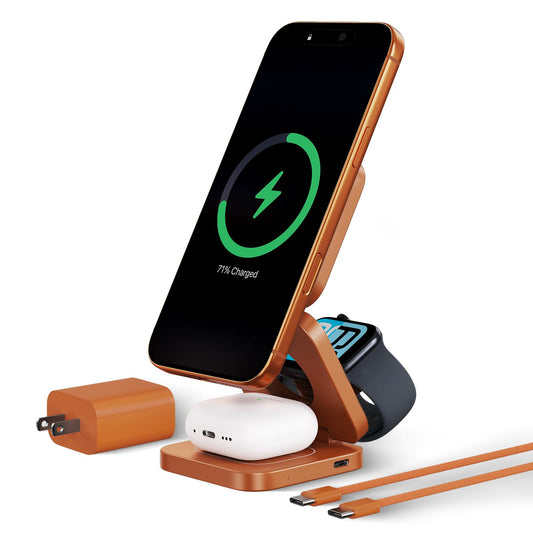 KU XIU QI 2.2 25W 3-in-1 Charging Station for Apple Device, Foldable Magnetic Charger for iPhone 17/16, 5W for Apple Watch & AirPods, Fast Travel Wireless Charging Stand with 45W Adapter