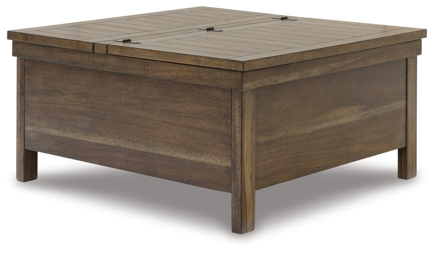 Signature Design by Ashley Moriville Rustic Hinged and Lift Top Cocktail Table with Hidden Storage, Light Brown