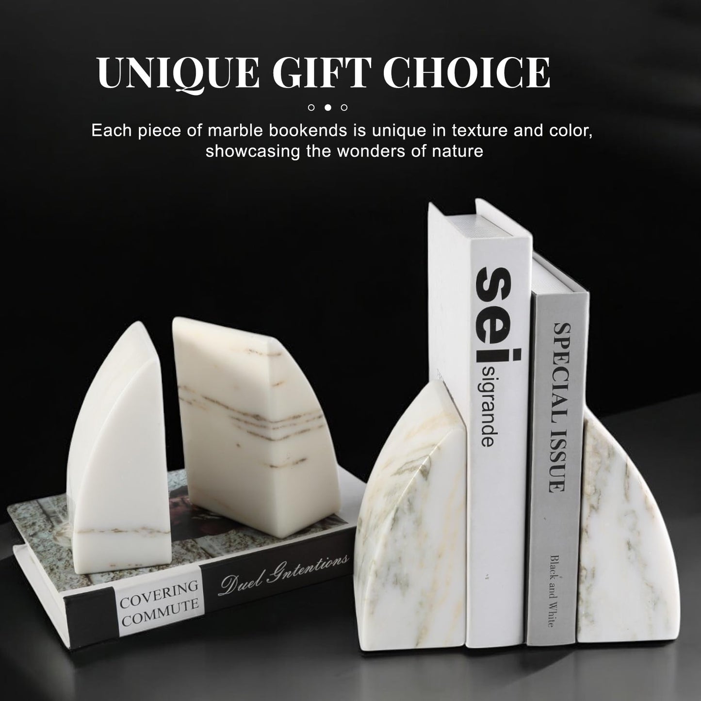 Koville Marble Bookends for Shelves, Large Bookends for Heavy Books, Natural Stone Book Stopper for Books CD Movies, Aesthetic Decorative Book Ends (Oriental Calacatta)