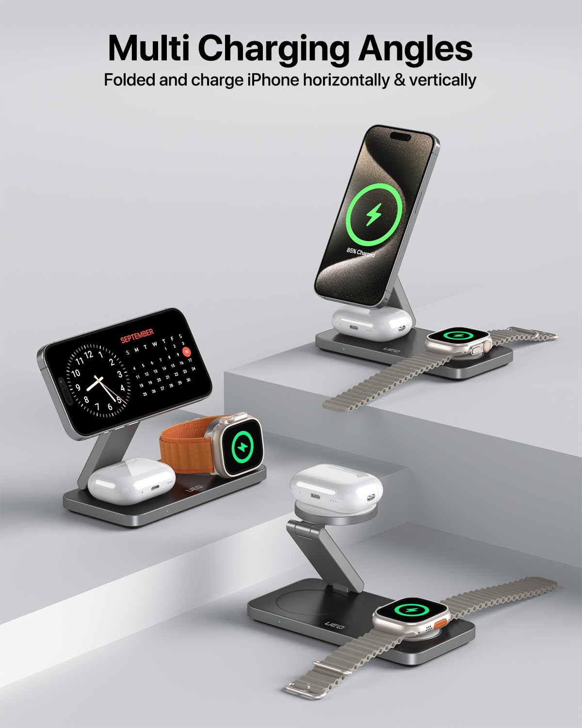 UEQ Foldable 3 in 1 Wireless Charging Station for Apple Compatible with Magsafe Charger Stand,Magnetic Wireless Charger Station for iPhone 17 Air16 15 14 13 12 Series,Airpods Pro,Apple Watch(Black)