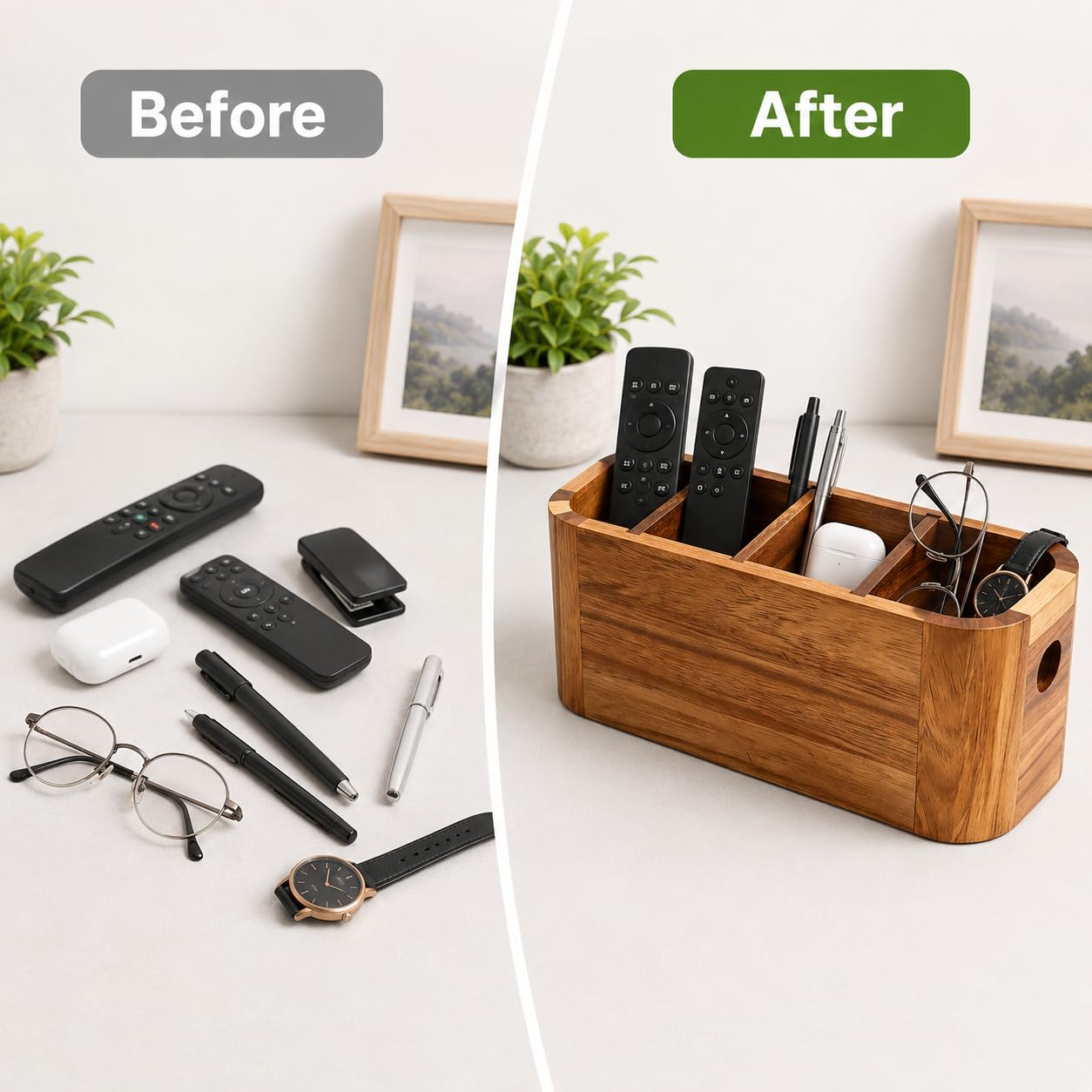 LEEBICHEN Acacia Wood Remote Control Holder, TV Remote Holder - 4 Compartment Remote Control Storage Organizer, Small Wooden Desktop Caddy for Coffee Table, Nightstand, Living Room, Office, Vanity