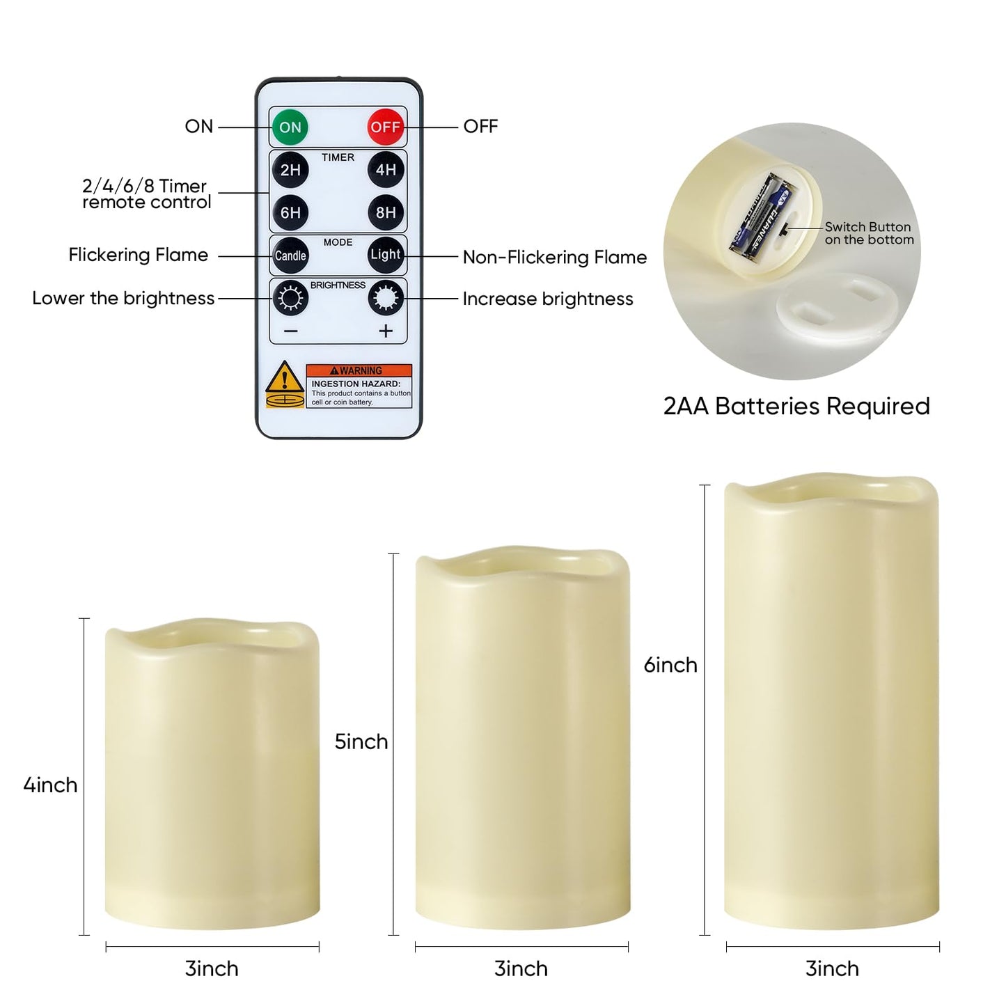 5plots 3" X 4"5" 6" Outdoor Waterproof Candles, Battery Operated Led Ivory White Flameless Candles with 10-Key Remote & Timer for Indoor Home Lantern Holiday Decor, Set of 3
