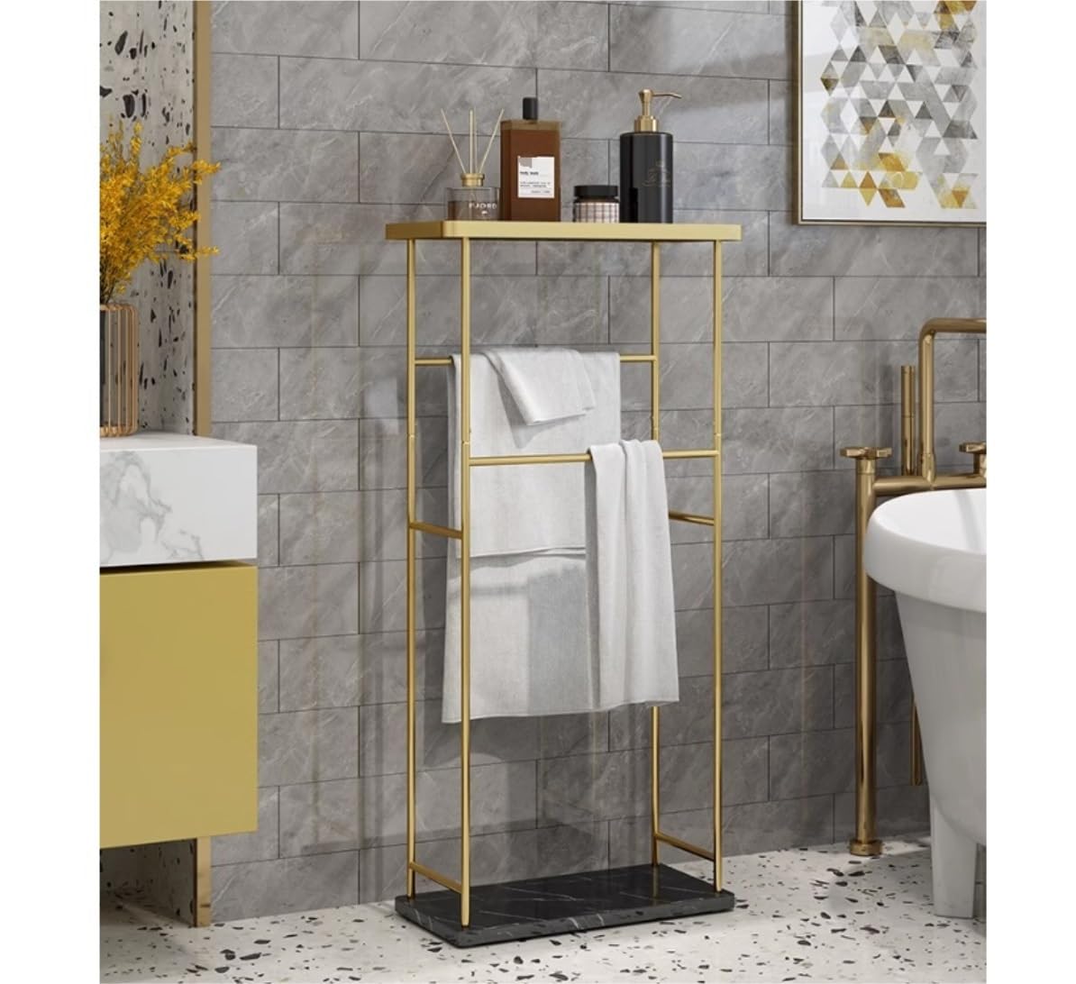BIOMICE Floor Towel Rack 2 Tier Iron Towel Stand with Marble Base and Glass Countertop Freestanding Towel Rack Nordic Towel Holder for Bathroom Freestanding Towel Racks